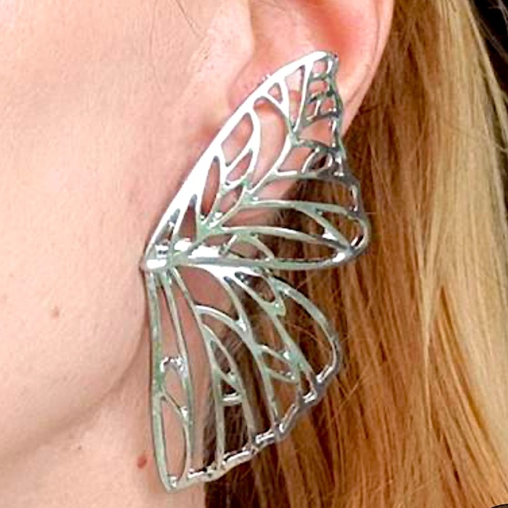 Large Silver Butterfly Wing Cut-Out Drop Earrings